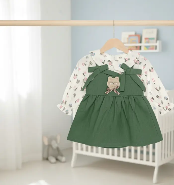 Green Frock with Floral White Shirt Set for Baby Girls | Winter Collection | China Imported - Image 3