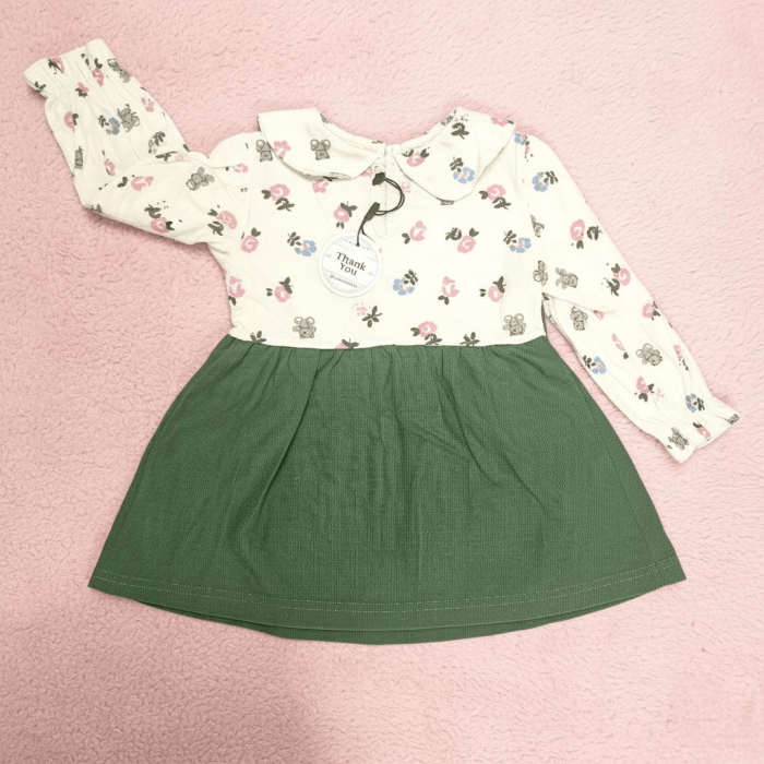 Green Frock with Floral White Shirt Set for Baby Girls | Winter Collection | China Imported - Image 2