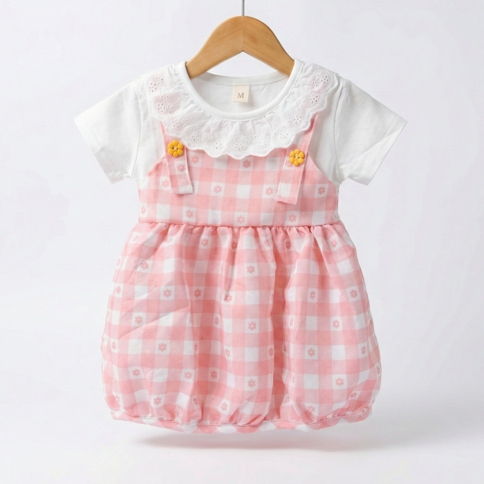Baby Girl Pink Gingham Pinafore Dress with Lace Eyelet Collar - Image 1